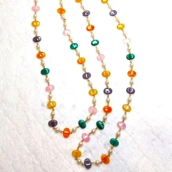 Vintage Natural Stone/Quartz Necklace w/ Faux Pearl Accents - 48" Long - Picture 5 of 8